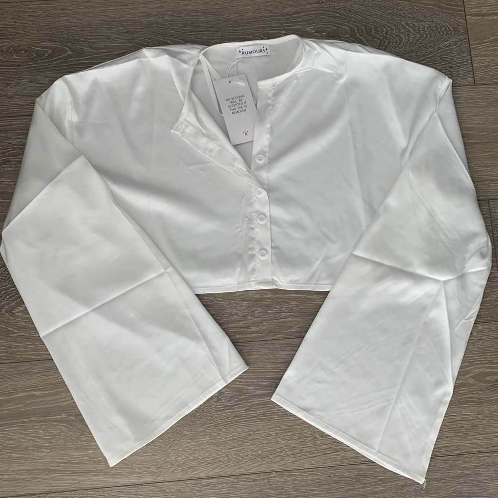Rumours (renamed Rumored) cropped white satin button up top